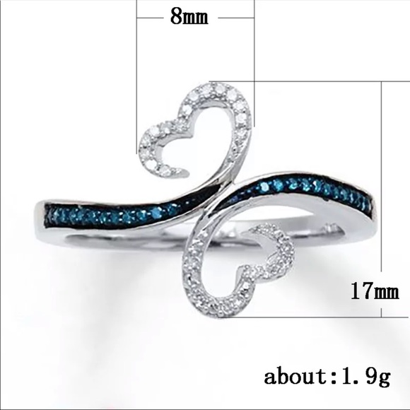 Romantic 💕2 Hearts 925 Silver Sapphire Ring New - Picture 2 of 4